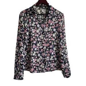 About A Girl Top Women 4 Navy Floral Long Sleeve Button Up Girly Cottage Boho‎